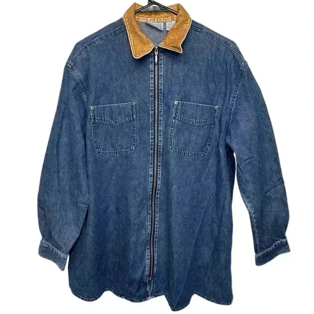 Vintage 90s Santa Fe Blues Retro Boho Denim Zip Up Shirt with Velvet Collar, M
